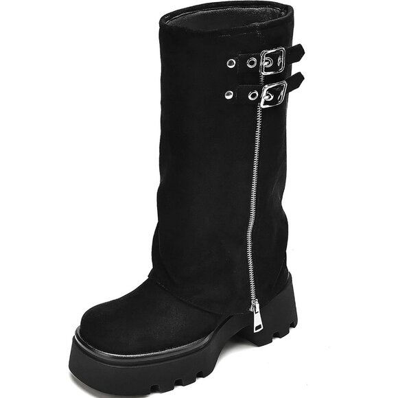 Shoes - Women's All Black Chunky Slouchy Fold Over Wide Calf Buckle Knee High Boots